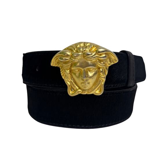 Versace Accessories - Gianni Versace Vintage Gold Tone Medusa Black Fur Calfskin Leather Belt Size 28